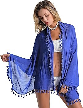 Eicolorte Beach Sarong Pareo Womens Semi-Sheer Swimwear Cover Ups Short Skirt with Tassels | Amazon (US)