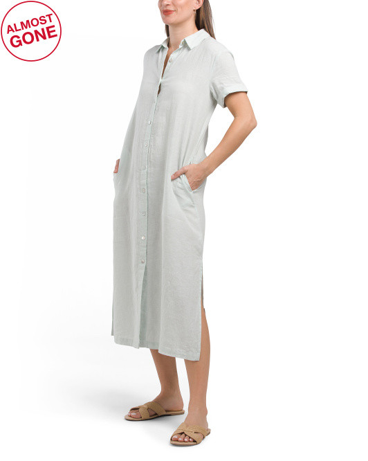 Linen Short Sleeve Midi Shirt Dress | TJ Maxx