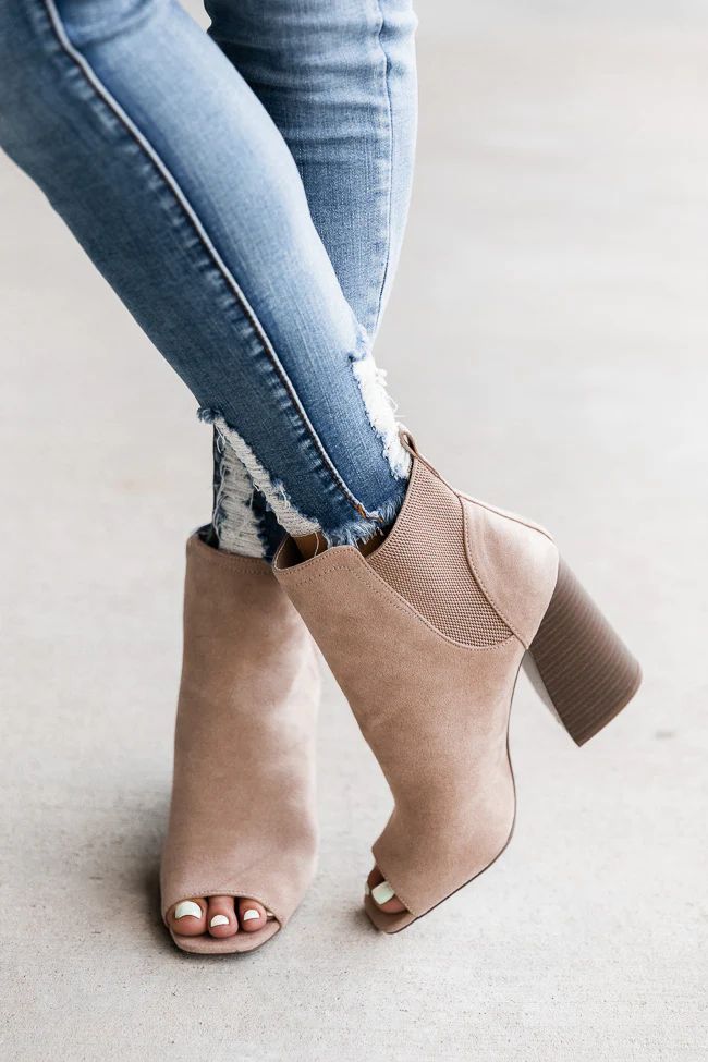 Eliana Taupe Block Heel Open Toe Booties | The Pink Lily Boutique