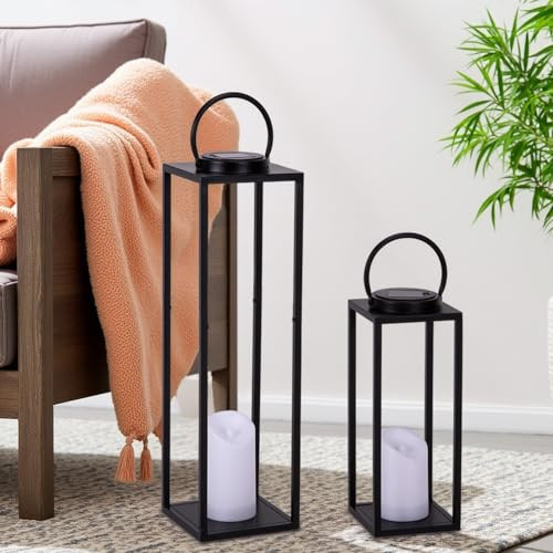 ALL FORTUNE Large Solar Outdoor Lanterns, 25" 16" Tall Farmhouse Black Metal Waterproof Decorative Lanterns with Solar Candles for Front Porch, Patio, Christmas, Fall Decor- Set of 2 | Amazon (US)