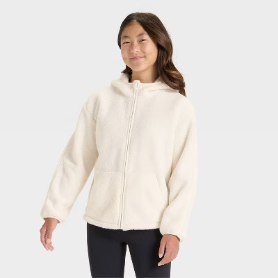 Girls' High Pile Fleece Full Zip Jacket - All In Motion™ Cream XS | Target