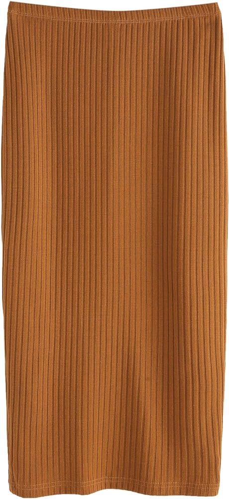 SheIn Women's Basic Plain Stretchy Ribbed Knit Split Full Length Skirt | Amazon (US)