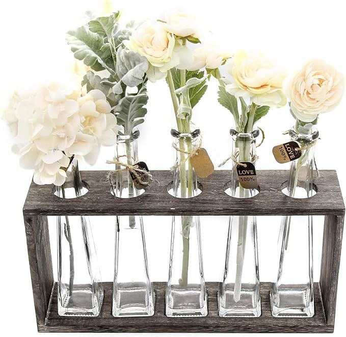 FUNSOBA Rustic Vintage Hydroponic Flower Vases Set in Wooden Rack 5 Bottles (Type A 5 Vase Set) | Amazon (US)