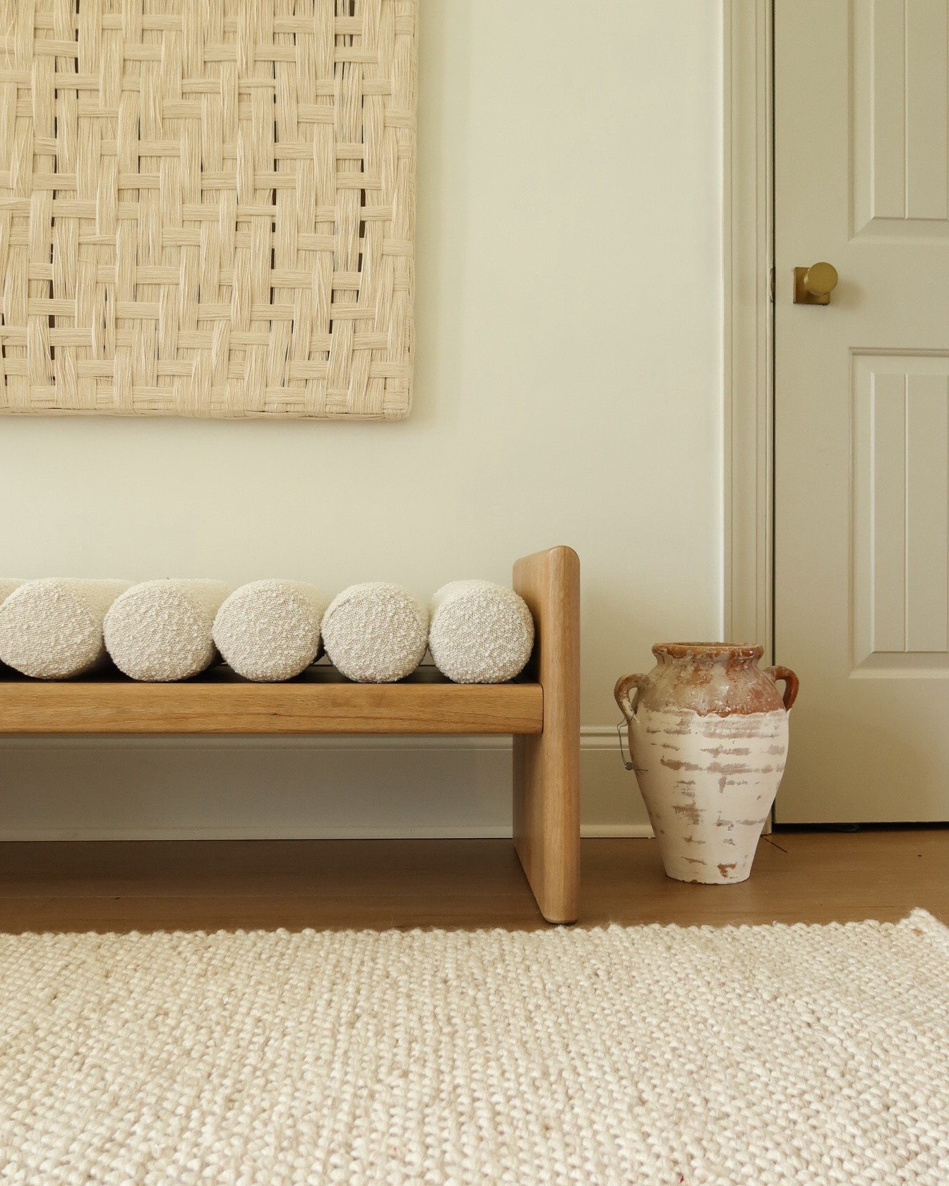 Entryway bench!! This gorgeous bench is such high quality and easy to assemble!!! Solid wood!
Beautiful beige ivory rug and textured large wall art
Olive tree
Entryway bench end of bed benches 

#LTKStyleTip #LTKHome #LTKSaleAlert