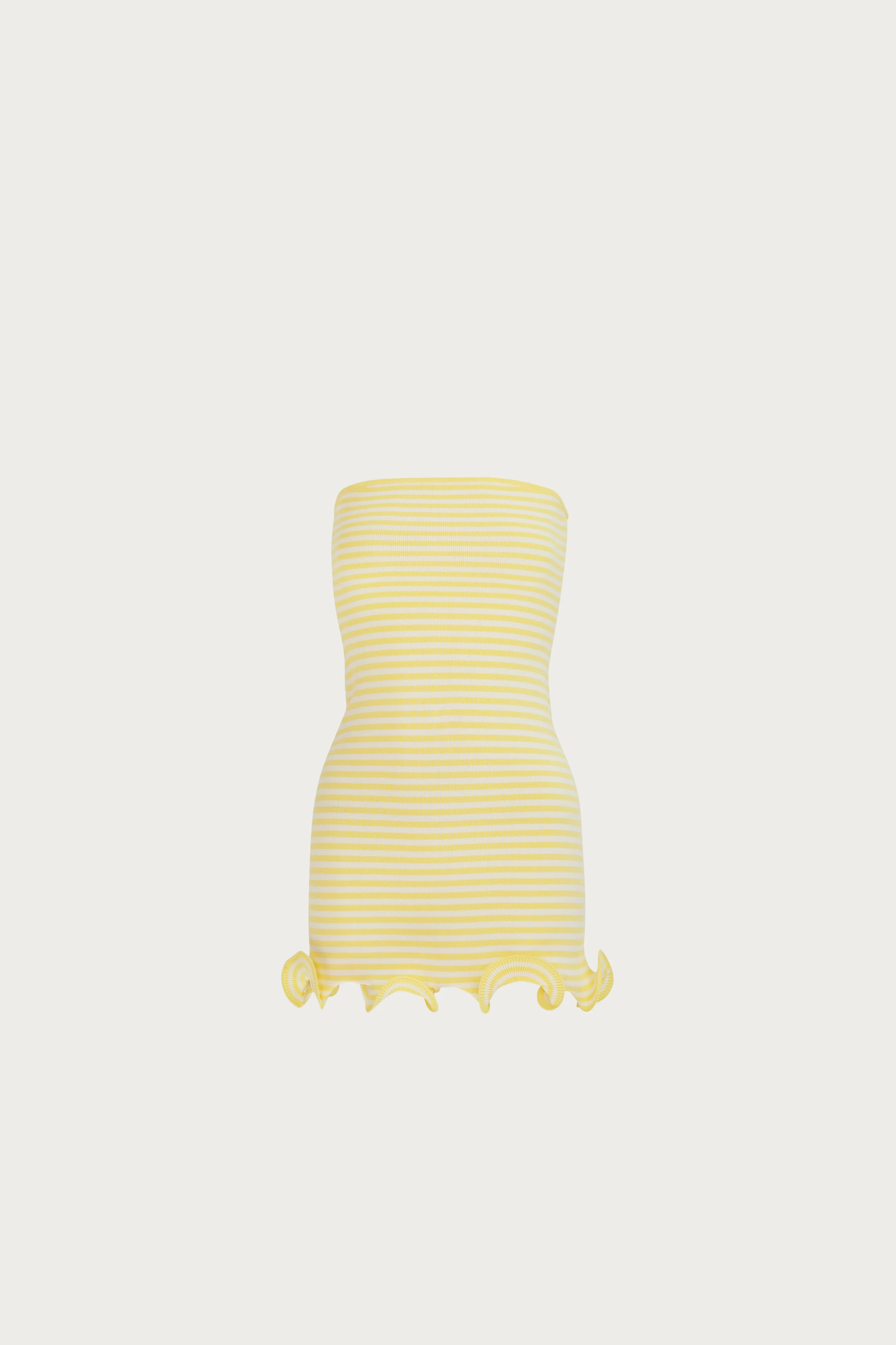Ruffle Hem Strapless Mini Dress (Butter Yellow Stripe) | SAME