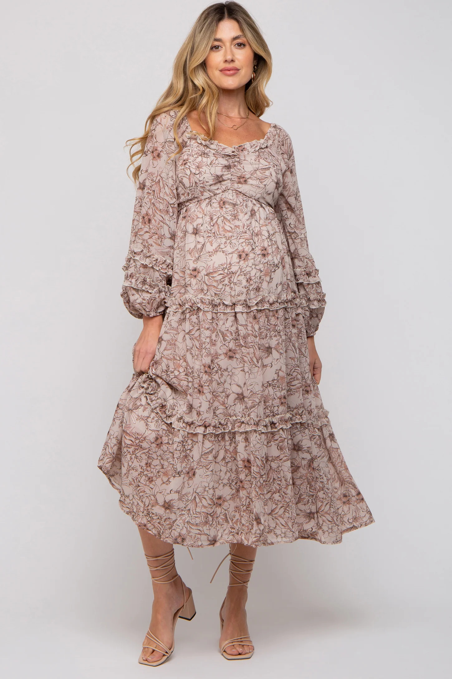 Mauve Floral Chiffon Sweetheart Neck Ruffle Tiered Maternity Midi Dress | PinkBlush Maternity