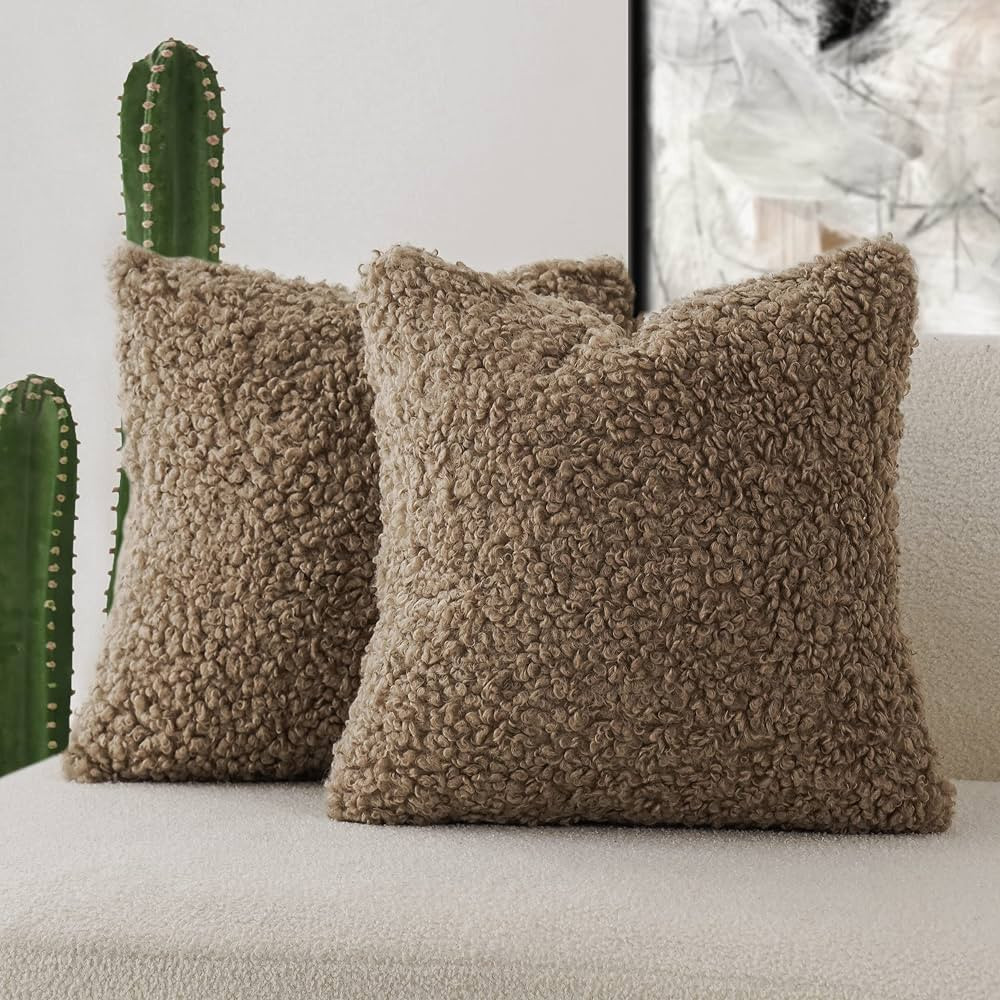 Foindtower 2 Pieces 20x20 Inch Khaki, Faux Fur Throw Pillow Cover Accent Sherpa Pillow Fuzzy Soft... | Amazon (US)