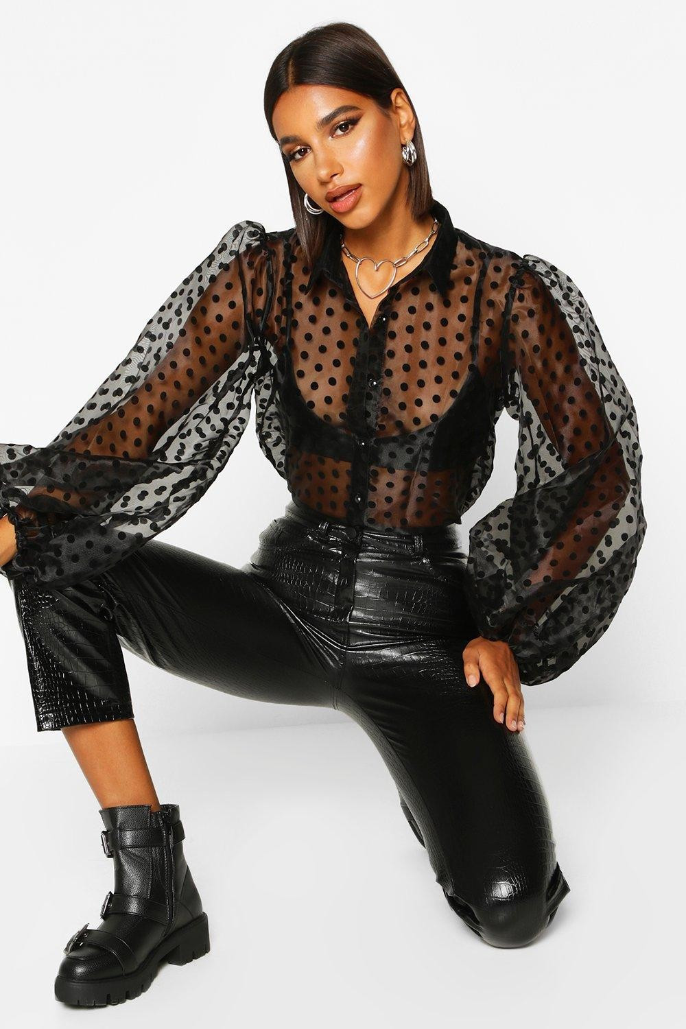 Womens Organza Polka Dot Balloon Sleeve Blouse - Black - L | Boohoo.com (US & CA)