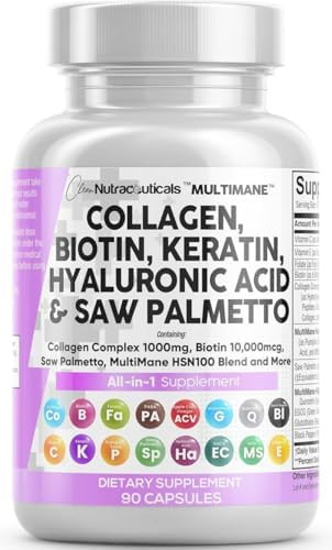 Clean Nutraceuticals Collagen Pills 1000mg Biotin 10000mcg Keratin Saw Palmetto Hyaluronic Acid -... | Amazon (US)