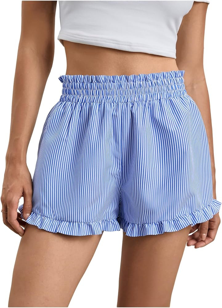 MakeMeChic Women's Gingham Shorts Ruffle High Waist Lounge Pajama Bottom | Amazon (US)