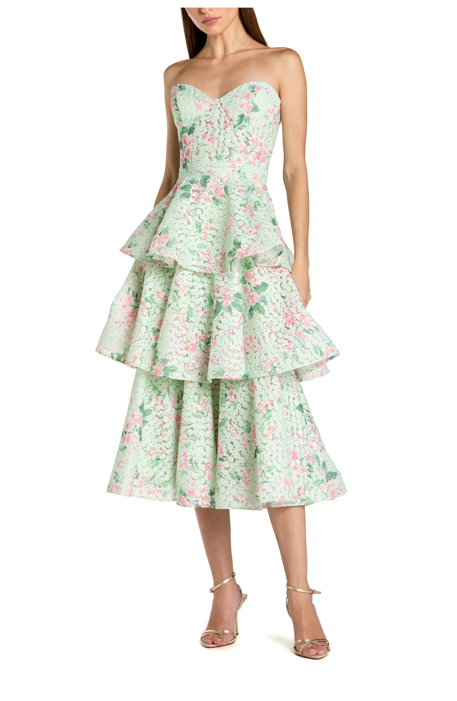Floral Net Strapless Tiered Ruffle Midi Dress | Nordstrom