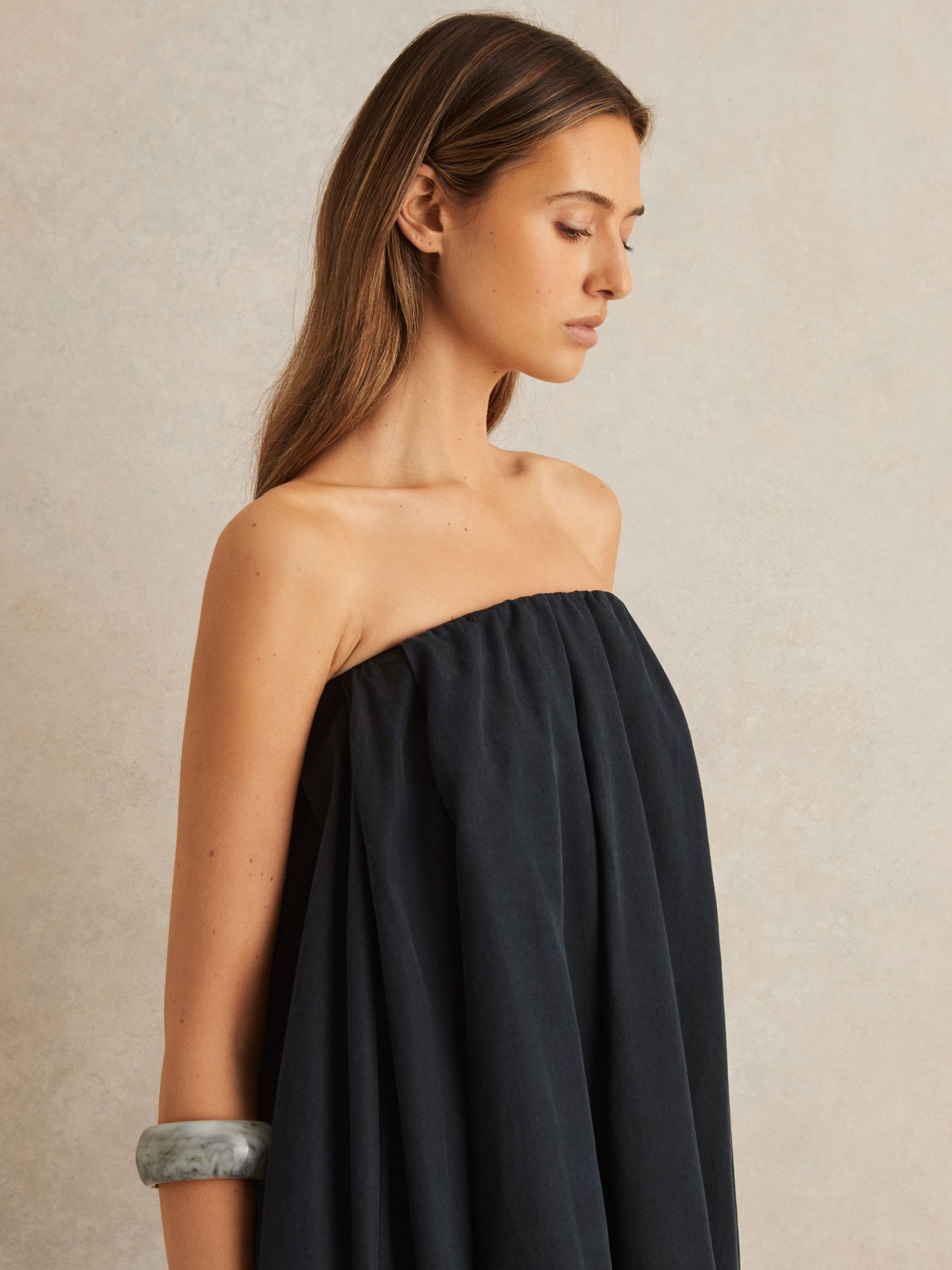 Reiss Tencel Strapless Dip-Hem Mini Dress in Indigo - REISS | Reiss UK