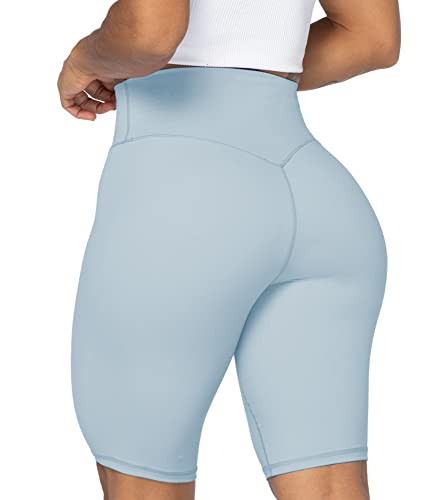 Sunzel 10" Waist Biker Shorts for Women No Front Seam Soft Yoga Workout Gym Bike Shorts Tummy Control Squat Proof Light Blue | Amazon (US)