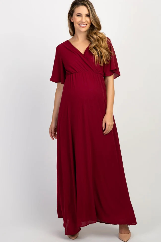 PinkBlush Burgundy Chiffon Bell Sleeve Maternity Maxi Dress | PinkBlush Maternity