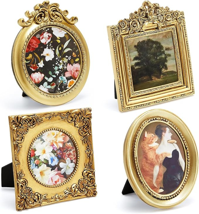Qunclay 4 Pcs Small Vintage Picture Frame Round Rectangle Gold Ornate Antique Picture Frames for ... | Amazon (US)