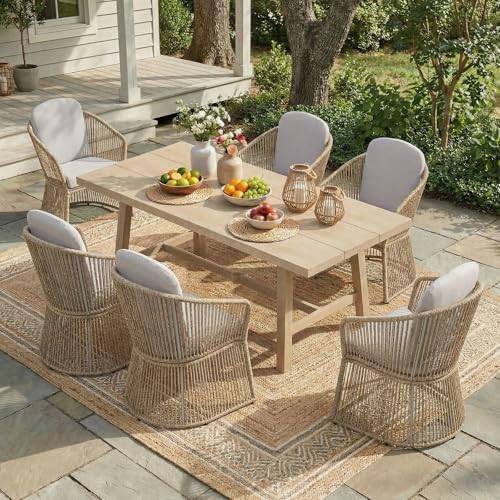 SUNSITT 7 Piece Outdoor Patio Dining Set, Patio Dining Furniture Set with 76” Aluminum Dining Table w/Umbrella Hole and 6 Woven Wicker Outdoor Patio Chairs w/Curved Armrest for Garden, Beige | Amazon (US)