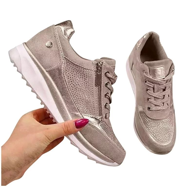 asdoklhq Sneakers for Women Fashion Women Casual Pumps Thick Bottom Hot Drilling Zipper Lacing Sp... | Walmart (US)