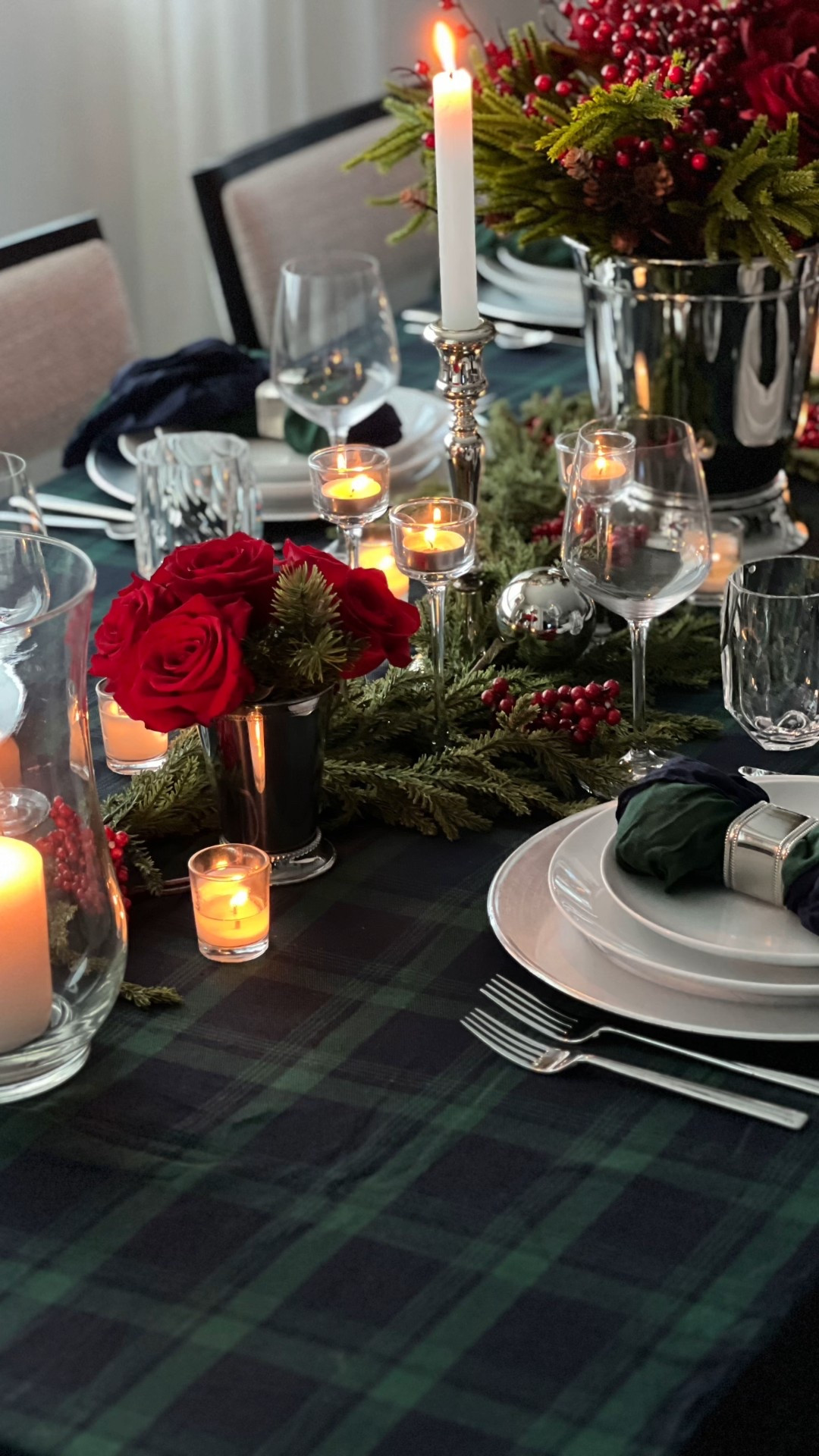 A Ralph Lauren inspired tablescape using a silver ice bucket, mint julep cups, a black watch, tartan tablecloth and lots of lush greenery and real touch roses.

#LTKHoliday #LTKSeasonal #LTKHome