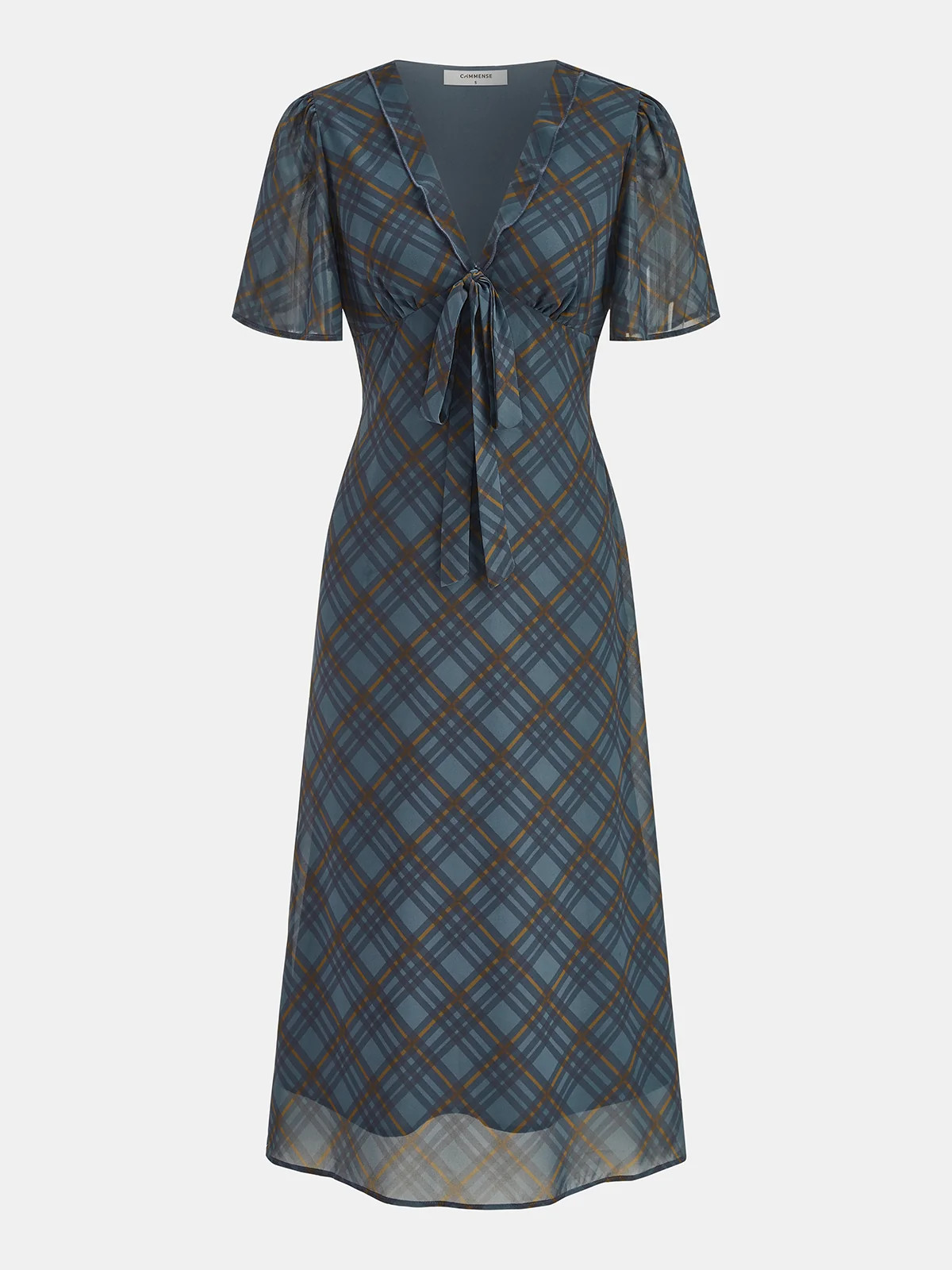 Tie-Front Plaid Chiffon Midi Dress | Commense