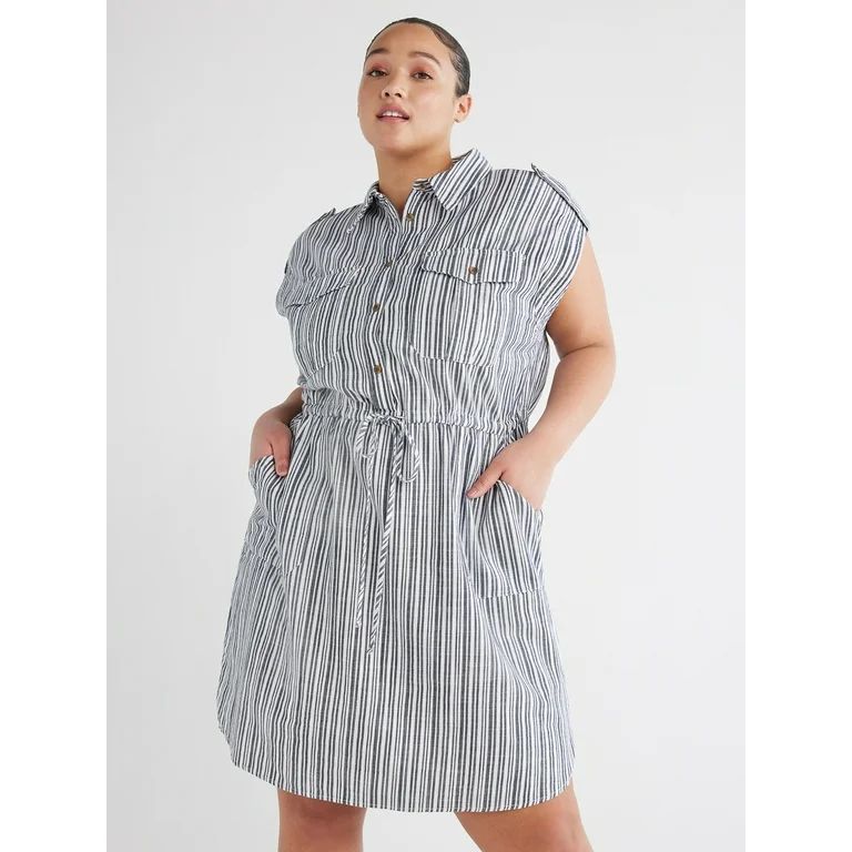Time and Tru Women's Plus Utility Shirt Dress with Short Sleeves, Sizes 1X-4X - Walmart.com | Walmart (US)