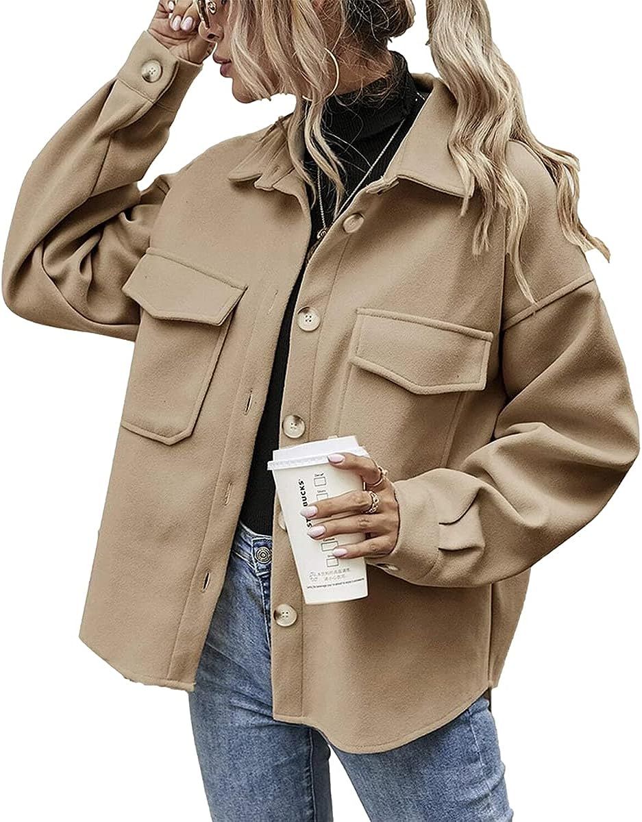 Hongqizo Women Long Sleeve Button Front Jacket Overcoat Drop Shoulder Flap Pocket High Low Hem Co... | Amazon (US)