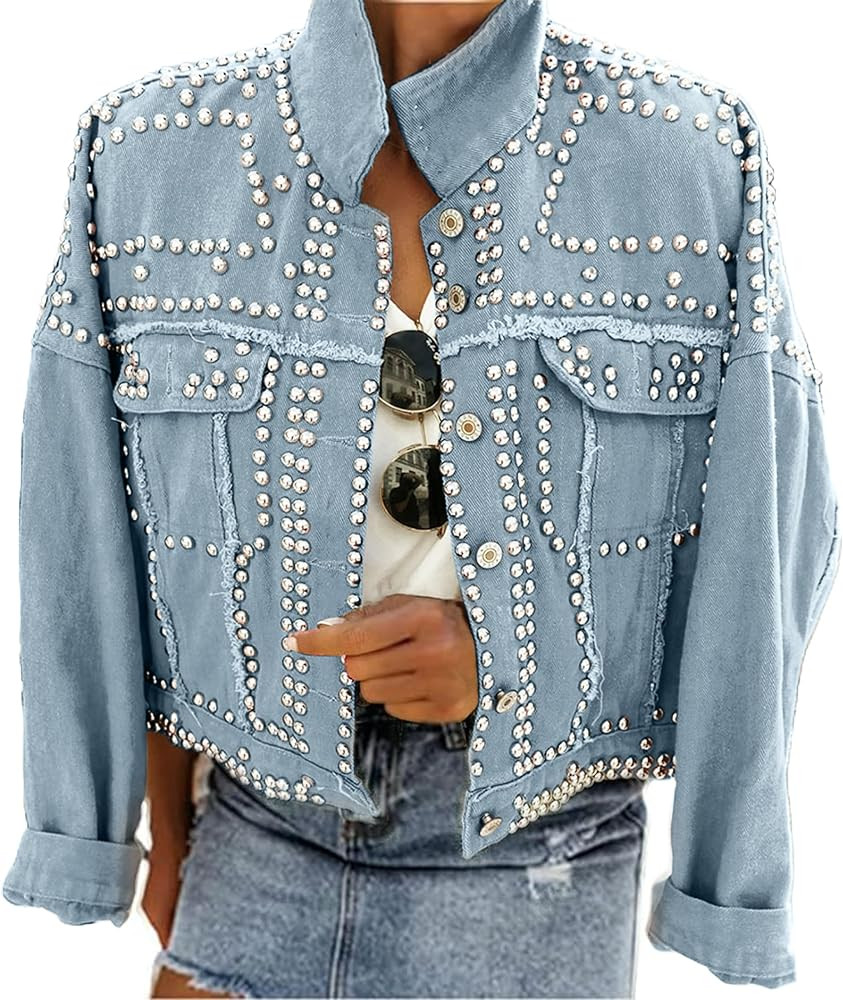 Omoone Women's Long Sleeve Rivet Studded Denim Jacket Casual Washed Pearl Short Jean Coat | Amazon (US)