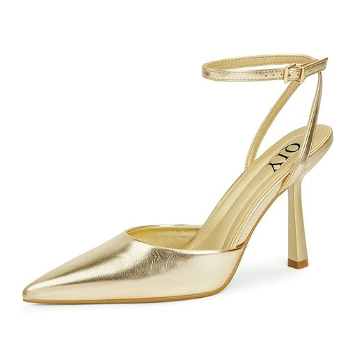 QIY Gold Heels Closed Toe Pointy Pointed Toe Heels for Women Gold Pumps Formal Dress Wedding Bridal Shoes Metallic High Heel Slingback Kitten Stiletto Ankle Strap Heel Size 7 | Amazon (US)