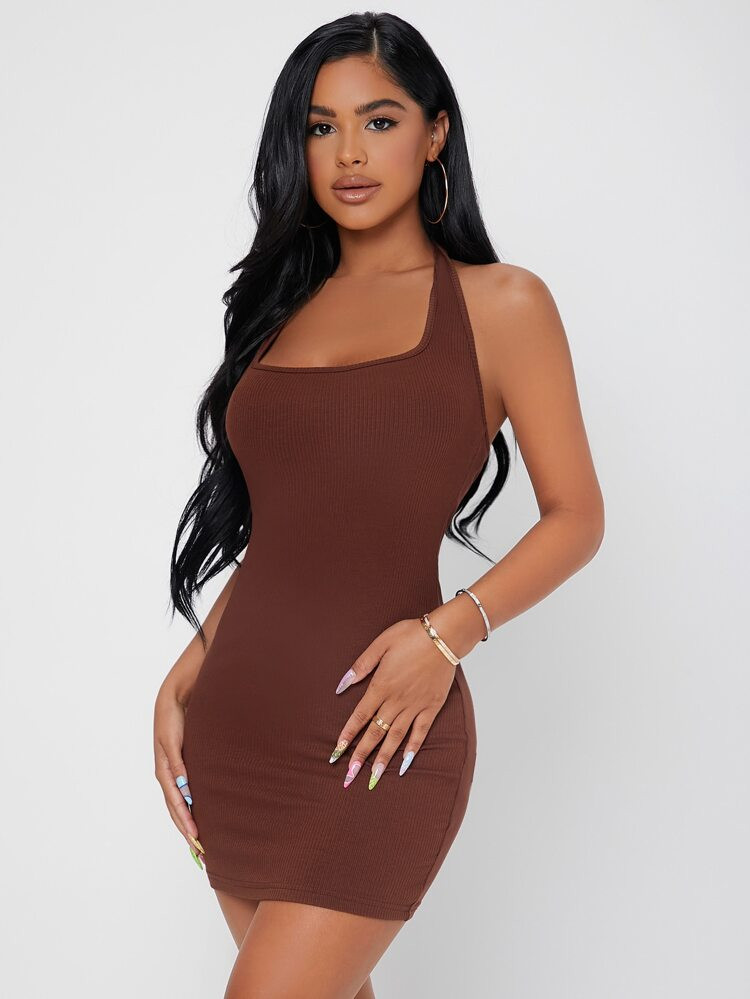 SHEIN PETITE Solid Halter Neck Backless Bodycon Dress | SHEIN