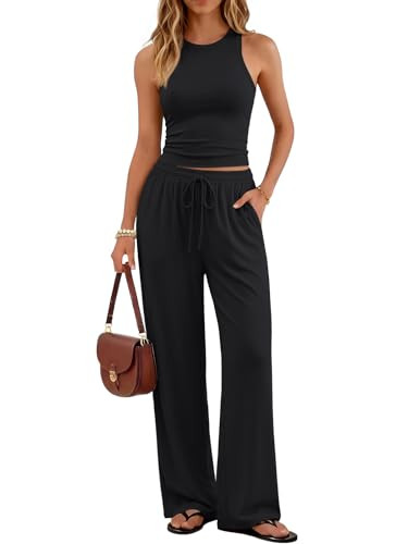 Trendy Queen Women's 2 Piece Summer Lounge Sets Butter Soft Tank Top & High Waisted Wide Leg Pants with Pockets, Black, Small | Amazon (US)