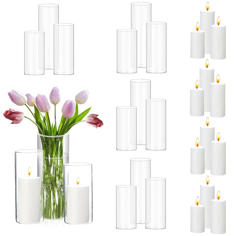 Set of 12 Pillar Candles and Glass Cylinder Vases Clear Cylinder Candle Holders for Slim Pillar C... | Amazon (US)
