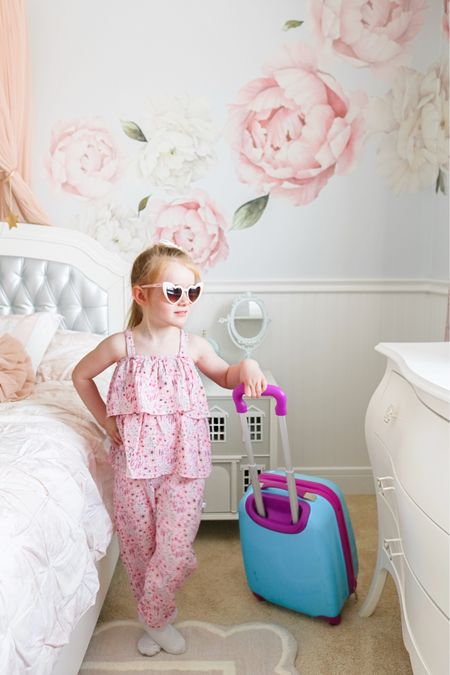 Vacation ready! The cutest girls pink romper and bedroom details including peony wall decals and dollhouse nightstand 

#LTKhome #LTKkids #LTKfamily