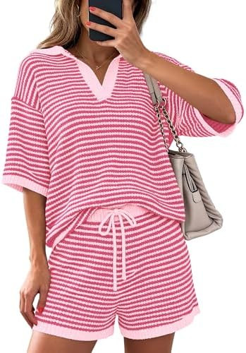 PRETTYGARDEN Women 2 Piece Lounge Sets Short Sleeve V Neck Striped Tops Drawstring Short Sets Bea... | Amazon (US)