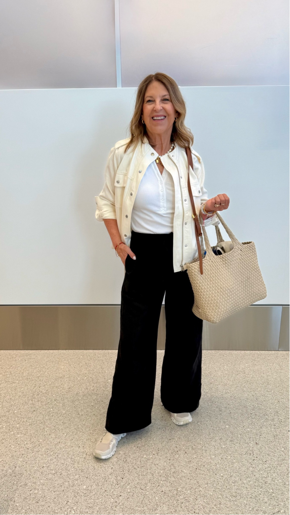 Travel outfit 
Wearing the viral lodge pants in cruise linen. These black pants barely wrinkle. I’m wearing them with sneakers (so I don't have to pack them ) and with heels later on my trip.  I'm wearing a size regular small. 

The tank and jacket are soft and from Rails. I’m wearing size small in the top and XS in the jacket. 

Sneakers are tts
The bag stretches and holds all my essentials.  I'm also carrying the Quince crossbody.  It holds essentials & a handy water bottle.

#LTKOver40 #LTKTravel #LTKMothersDay