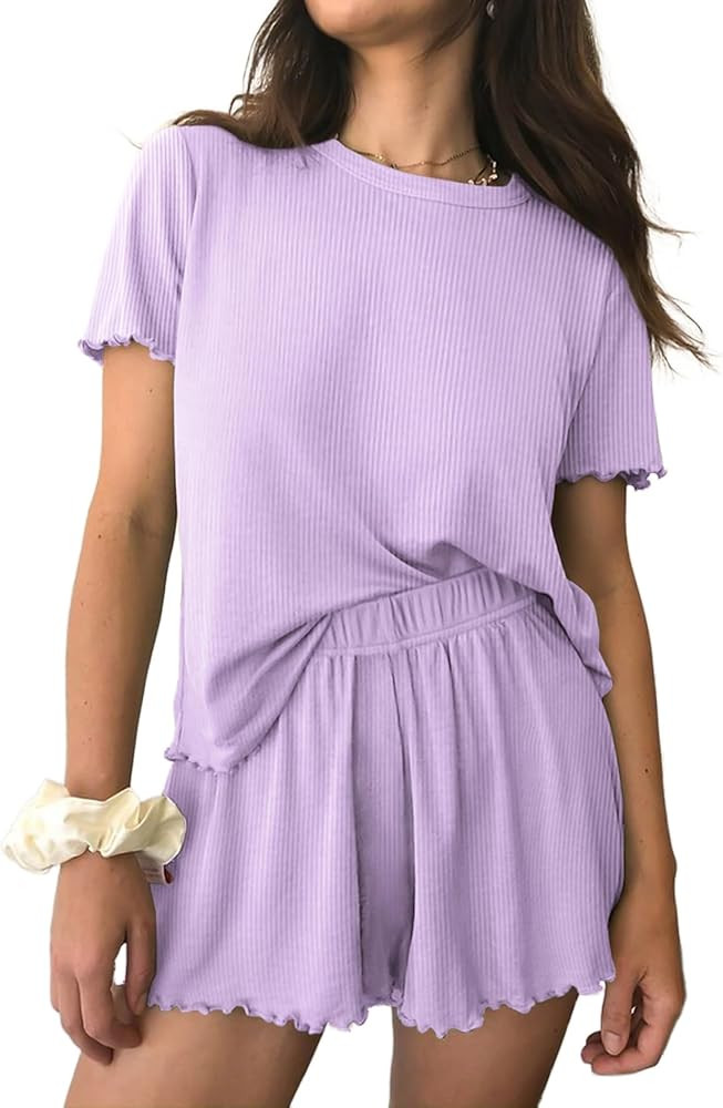 Ekouaer Womens Pajamas 2 Piece Ribbed Knit Pjs Short Sleeve Sleepwear Set Summer Soft Pajamas Set... | Amazon (US)