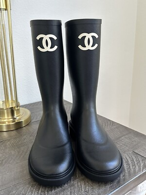 size 40EU NIB CHANEL Black Rubber Rain Boots White CC Logo Pull On w/ Receipt | eBay US