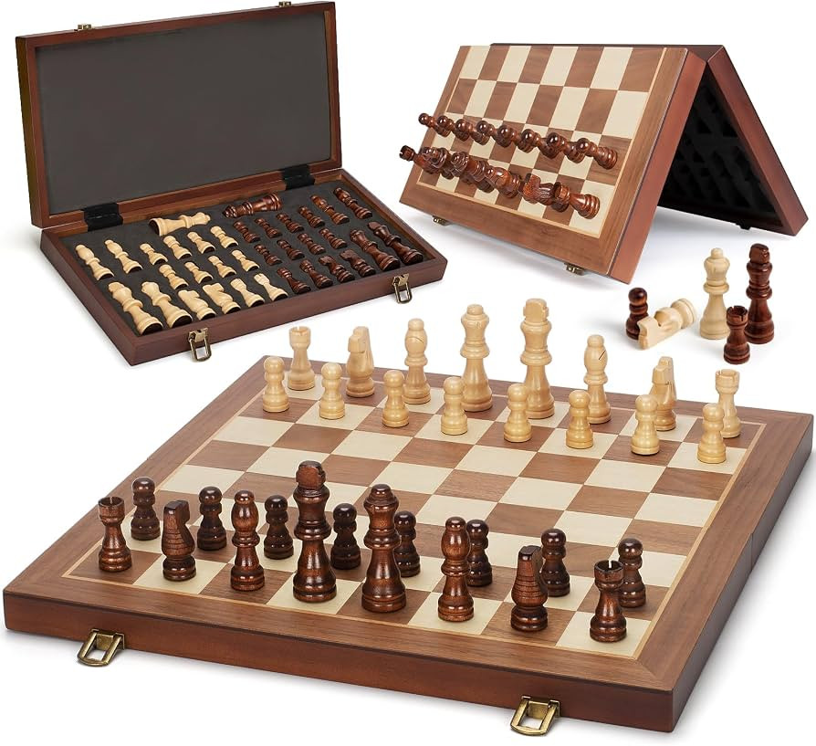 Magnetic Wooden Chess Set, 15" Folding Chess Board with 2 Extra Queens, Portable Travel Chess Set... | Amazon (US)