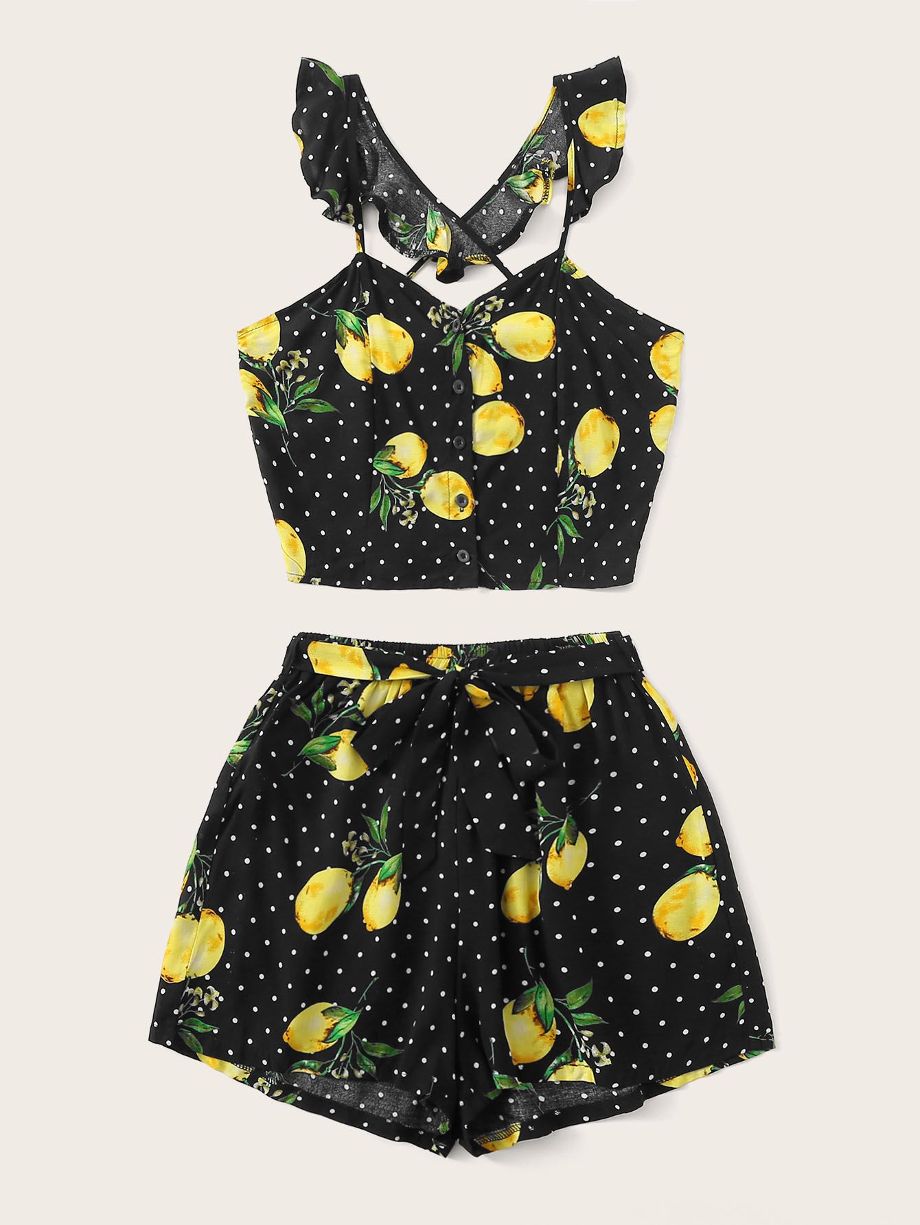 Random Lemon Polka Dot Cami Top & Belted Shorts | SHEIN