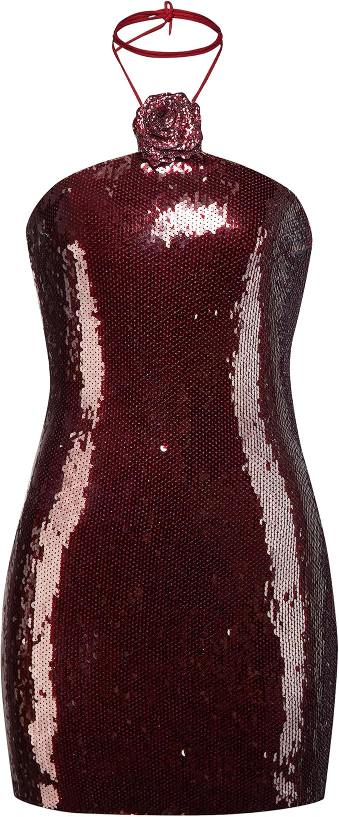 JW PEI Women's Burgundy Sequinned Halter Mini Dress | Amazon (US)