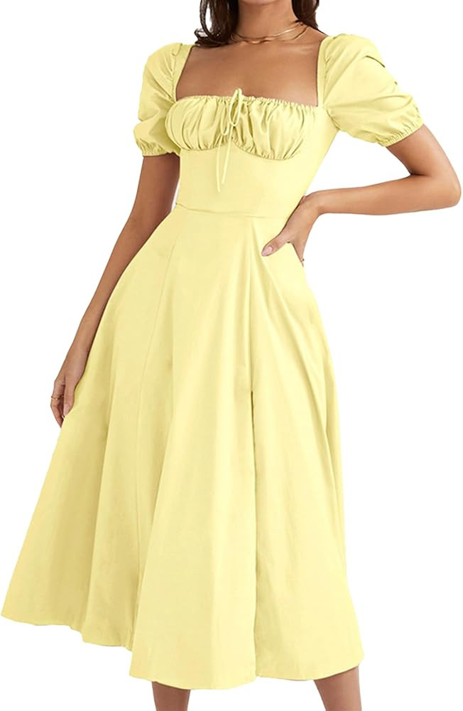 Women's Puff Sleeve Maxi Dress Summer Elegant Square Neck Solid Color High Waist Split Casual Lon... | Amazon (US)
