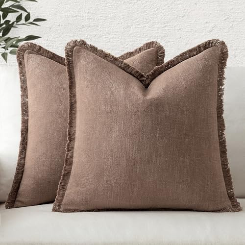 MIULEE Linen Fringe Decorative Fall Throw Pillow Covers Dark Coffee 20x20 | Amazon (US)