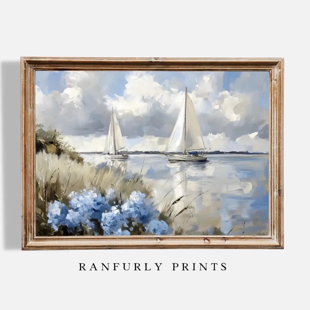 Vintage Moody Nantucket Sailboat Print – Two Boats With Blue Hydrangeas – Coastal Wall Art ... | Etsy (US)