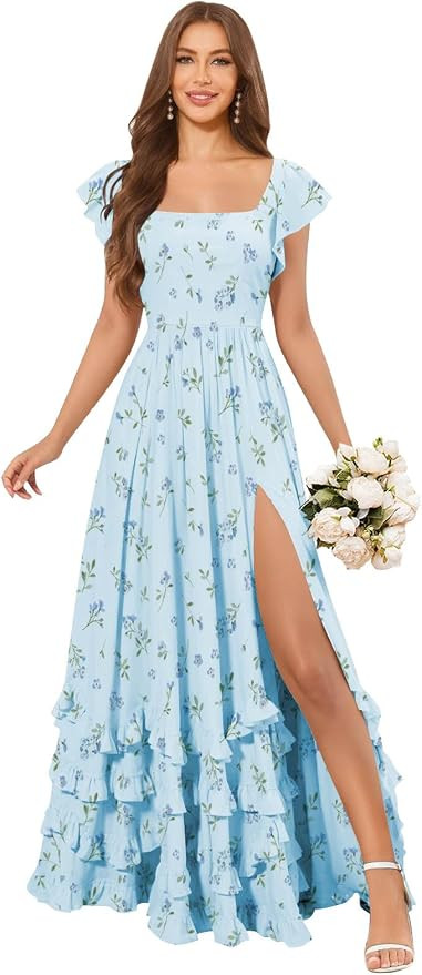Tiered Chiffon Bridesmaid Dresses for Women with Slit Square Neck A Line Long Formal Maxi Dress | Amazon (US)