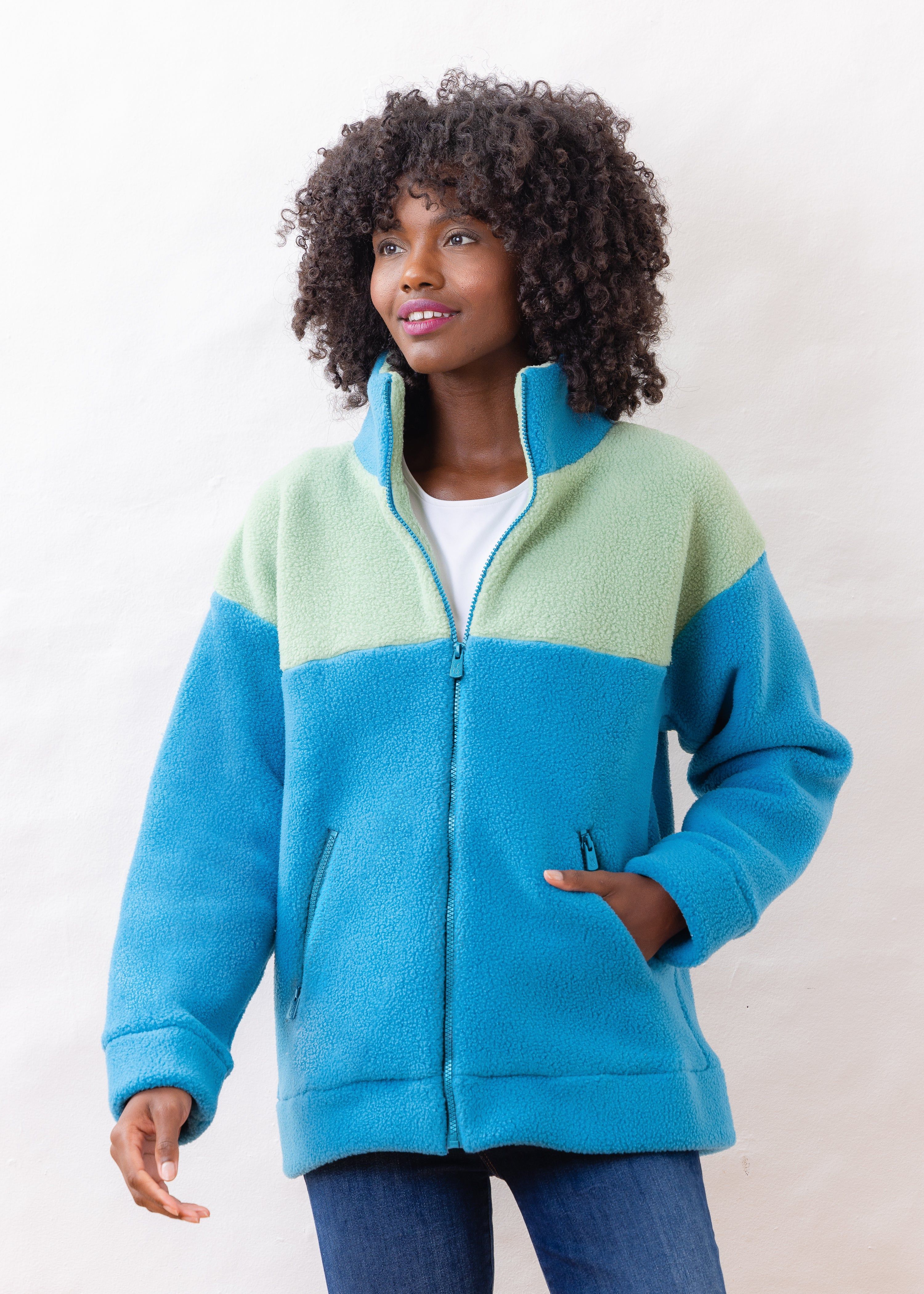 Bleecker Zip-Up in Sherpa Fleece (Celestial Blue / Basil) | Dudley Stephens