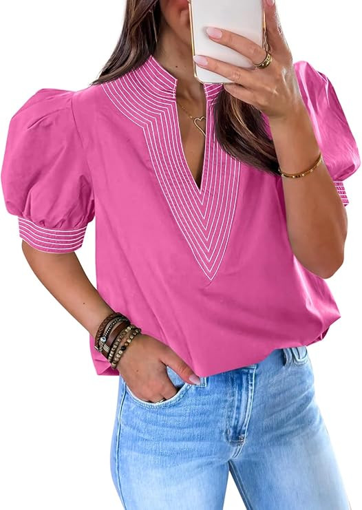 Cicy Bell Womens Puff Short Sleeve Blouses Summer Casual Dressy V Neck Contrast Stitch Tops Loose... | Amazon (US)