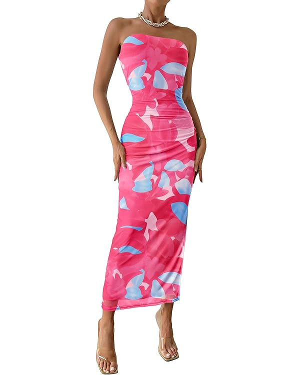 PRETTYGARDEN Women's Summer Maxi Bodycon Dresses Strapless Tube Top Printed Long Party Club Slit ... | Amazon (US)
