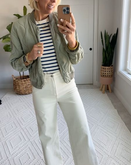 Off white jeans casual look with a stripe tee, quilted bomber jacket + samba sneakers!

Wearing size 28 in the jeans, small in the stripe tee, medium in bomber jacket (size up for an oversized fit) 

#LTKVideo #LTKstyletip #LTKover40