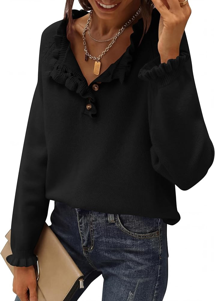 BTFBM Women's Ruffle Burtton Down Knit Sweater | Amazon (US)