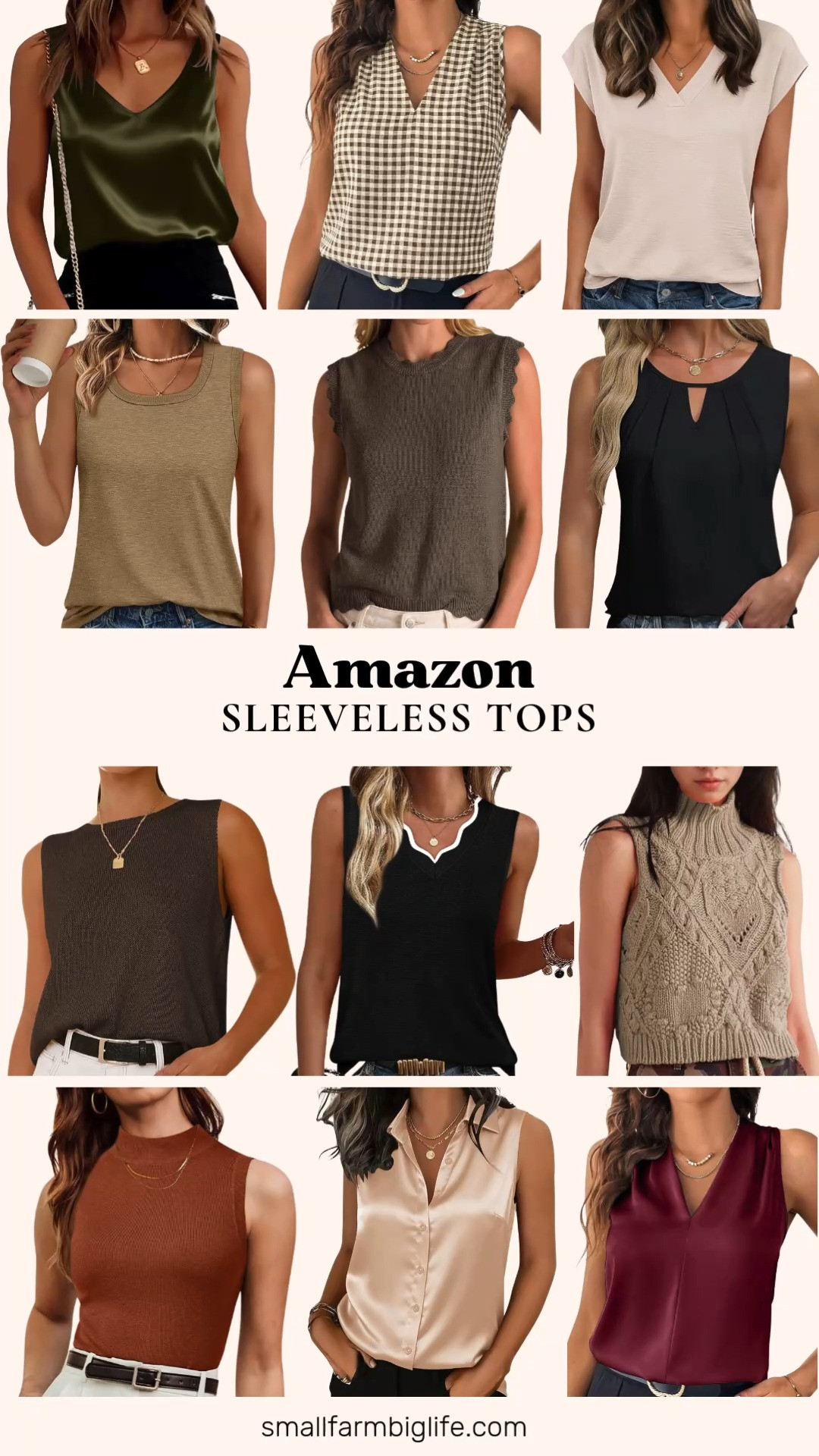 Sleeveless tops are the easiest layering piece for fall and this edit rounds up the best business casual workwear styles worth adding to your closet.

Starting with work friendly options: a brown and cream gingham pleated V neck tank made for layering under blazers, a burgundy version of the same pleated tank, and a black sleeveless tank top with a relaxed silhouette perfect for the office.

For sweater style tanks: a chocolate brown ribbed crew neck sweater tank, a caramel wool blend mock neck tank with a slim flattering fit, and a black V neck sweater vest that works as a cozy layer all season.

For something dressier: a champagne satin button down tank with a lightweight silk feel, and an olive green satin tank with a buttery soft double layer, both easy to wear solo or under a blazer.

Rounding it out is a beige textured cap sleeve blouse, a brown scallop knit sweater vest, a khaki turtleneck crochet sweater vest, and a dark khaki square neck flowy tank for casual layering.

#sleevelesstop #businesscasual #falllayering #sweatervest #workblouse 

 #LTKootd #LTKOver40 #LTKWorkwear