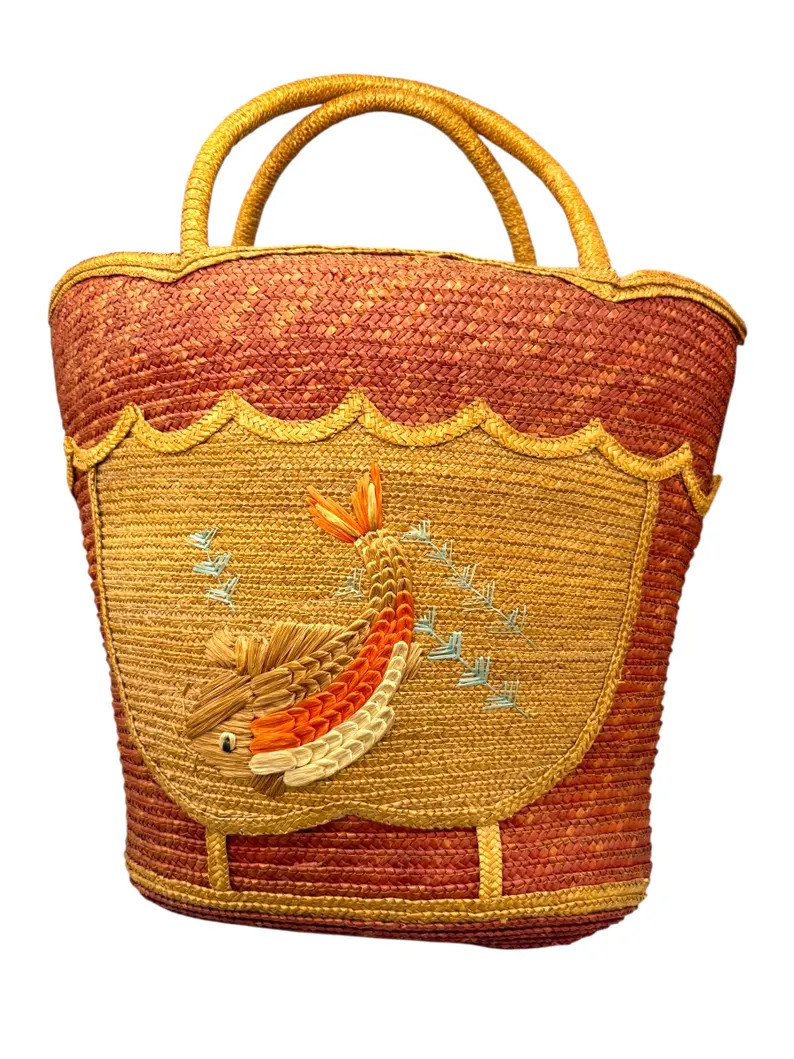 VIntage Coi Raffia Floral Red, Beige,  and woven Straw Bag, Summer, Beach, Fish design,  Basket T... | Etsy (US)