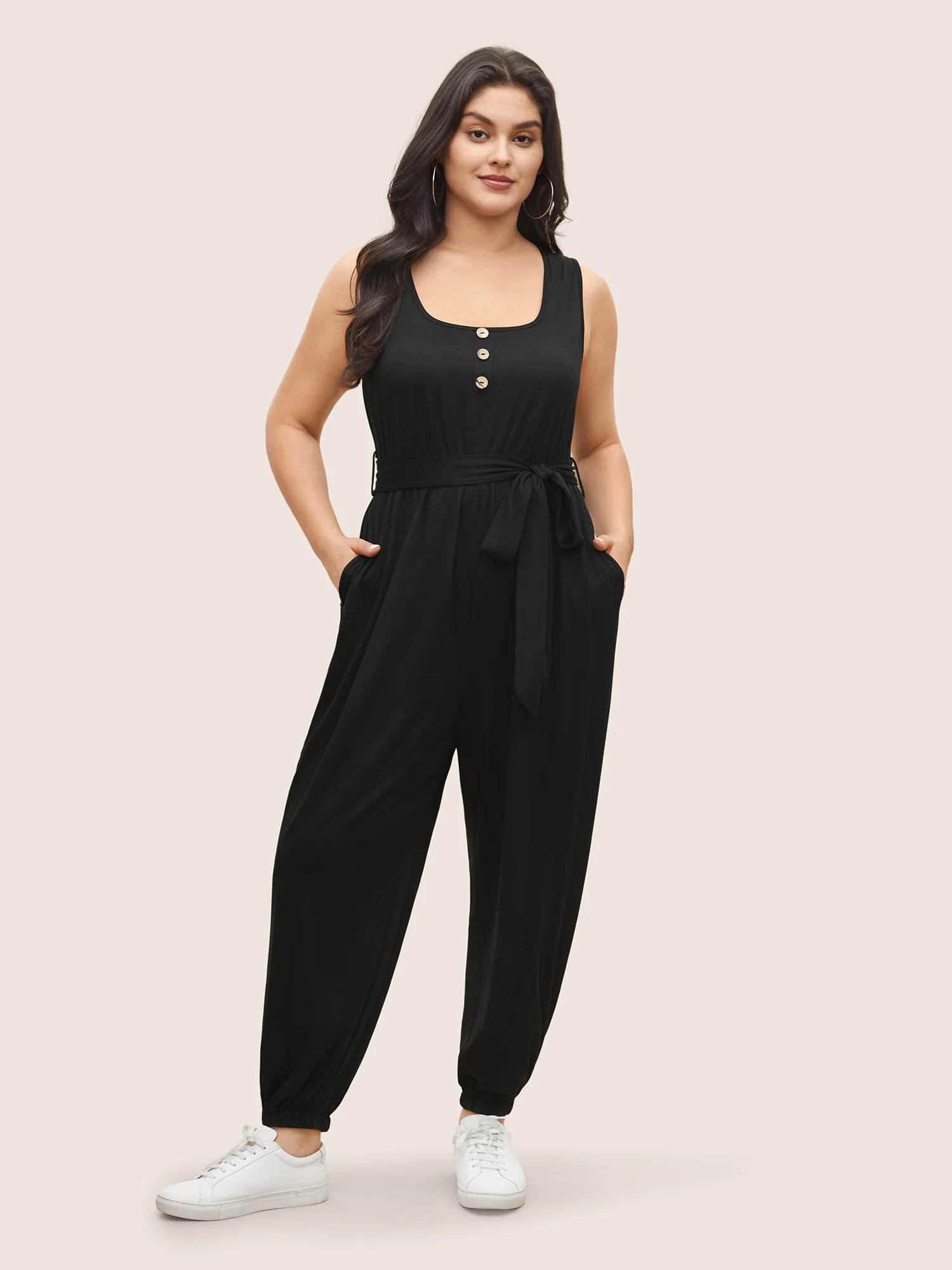 Supersoft Essentials Plain Button Detail Belted Jumpsuit | Bloomchic